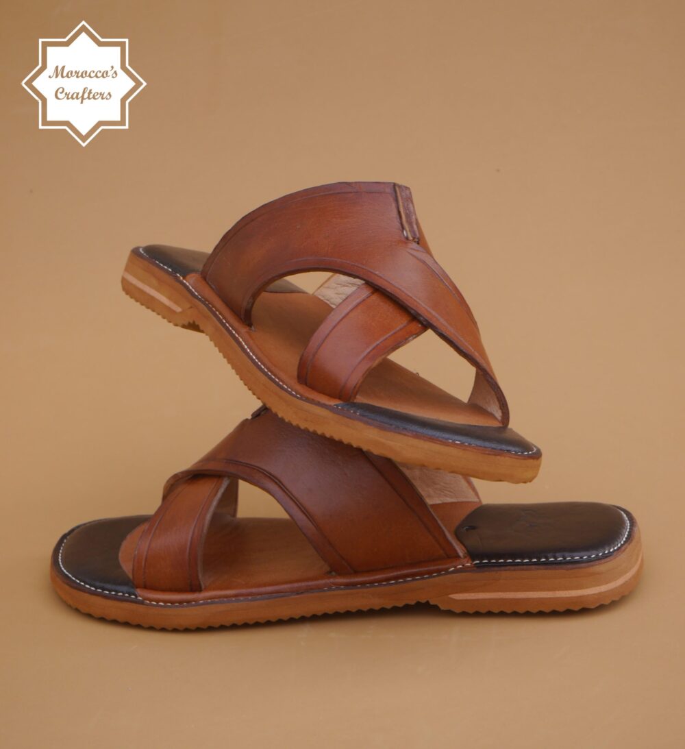 Men's handmade Moroccan brown leather sandal with intricate craftsmanship and authentic design.