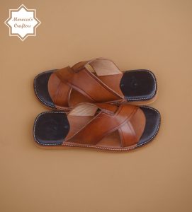 Men's handmade Moroccan brown leather sandal with intricate craftsmanship and authentic design.