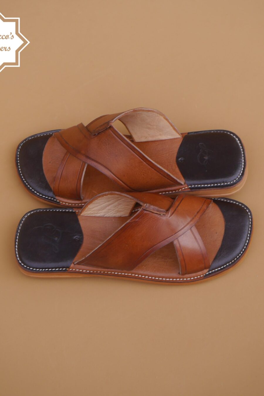 Men's handmade Moroccan brown leather sandal with intricate craftsmanship and authentic design.