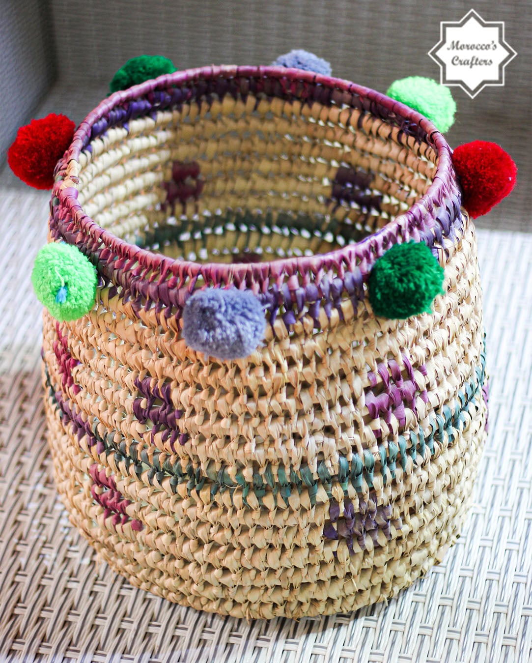 Moroccan Pom Pom Straw Basket: Handcrafted Beauty with Playful Pompoms