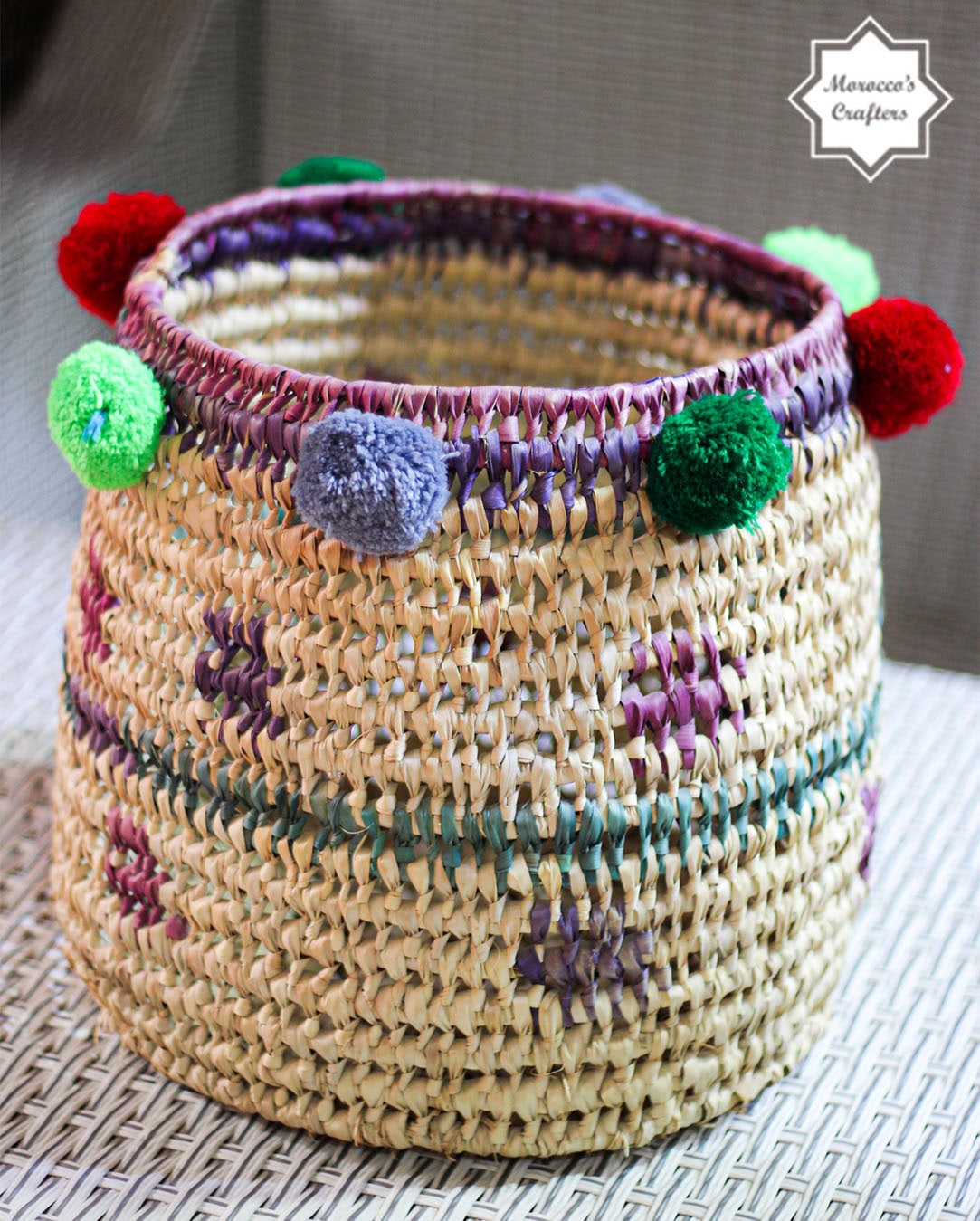 Moroccan Pom Pom Straw Basket: Handcrafted Beauty with Playful Pompoms