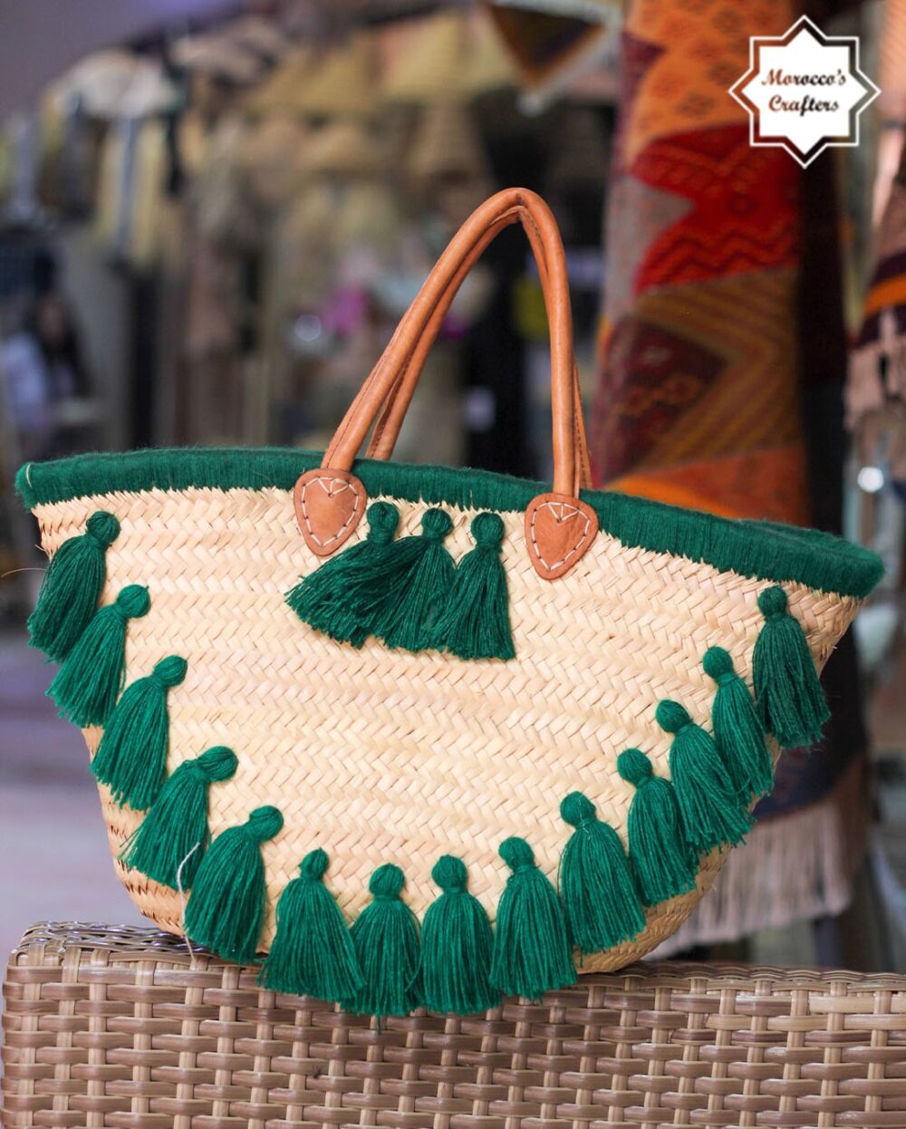 Elegant Moroccan Straw Basket Bag with Leather Accents