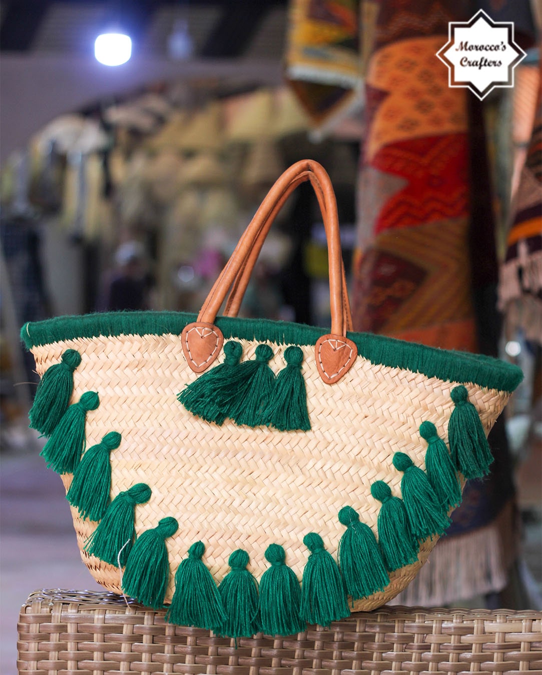 Elegant Moroccan Straw Basket Bag with Leather Accents