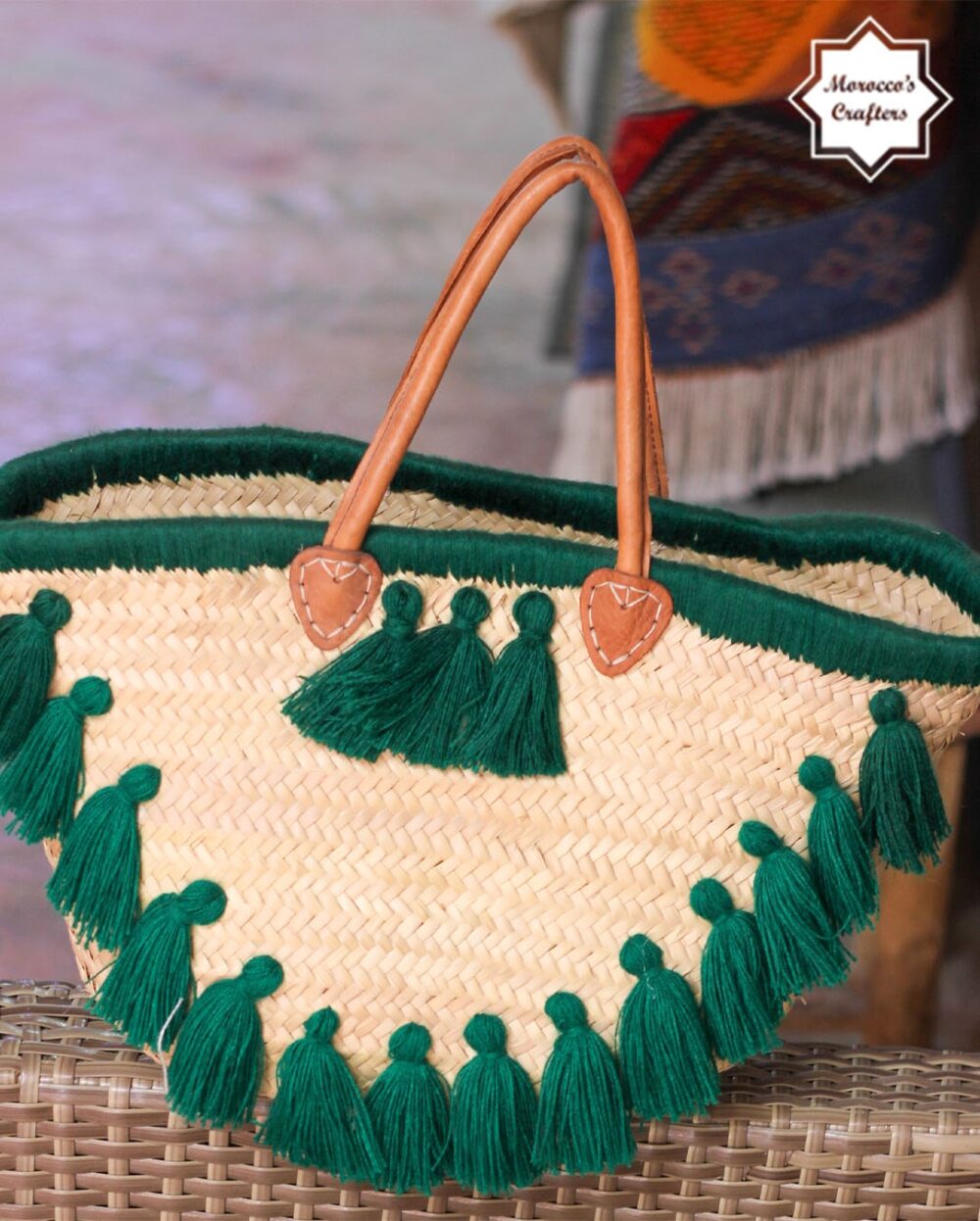 Elegant Moroccan Straw Basket Bag with Leather Accents