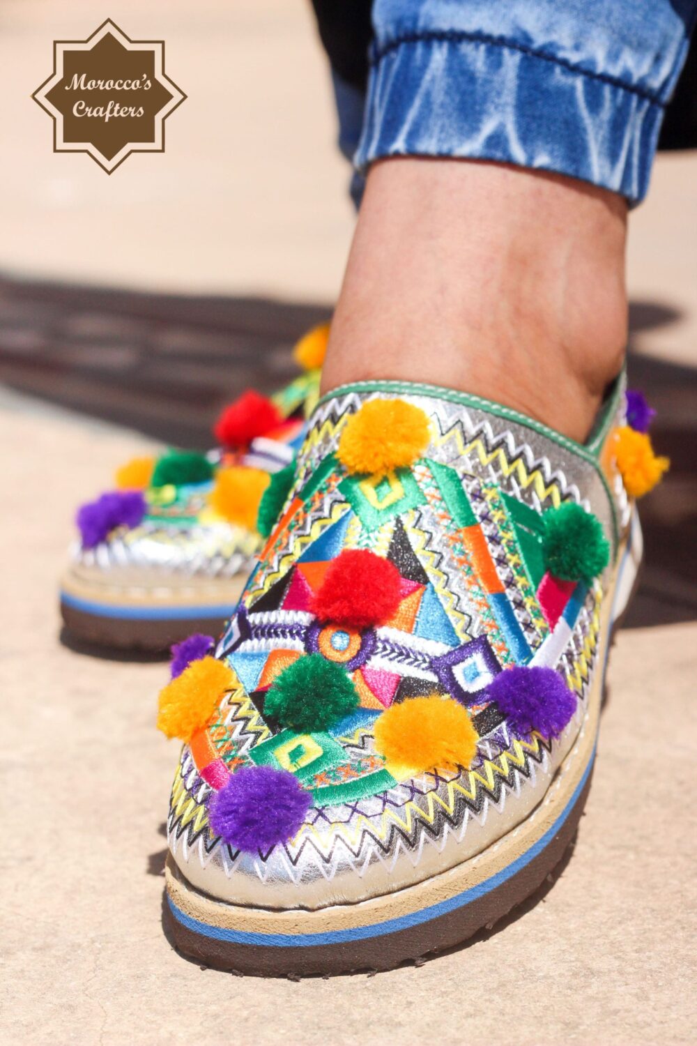 Moroccan Handmade Leather Decorated Berber Style Women's Slipper with Adjustable Strap