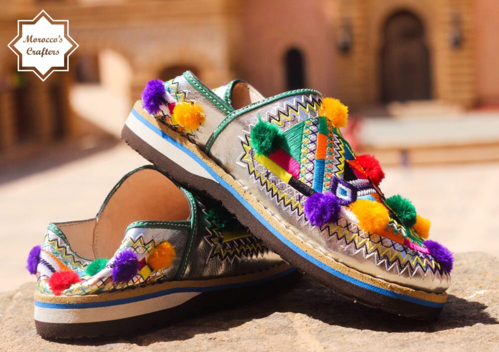 Moroccan Handmade Leather Decorated Berber Style Women's Slipper with Adjustable Strap