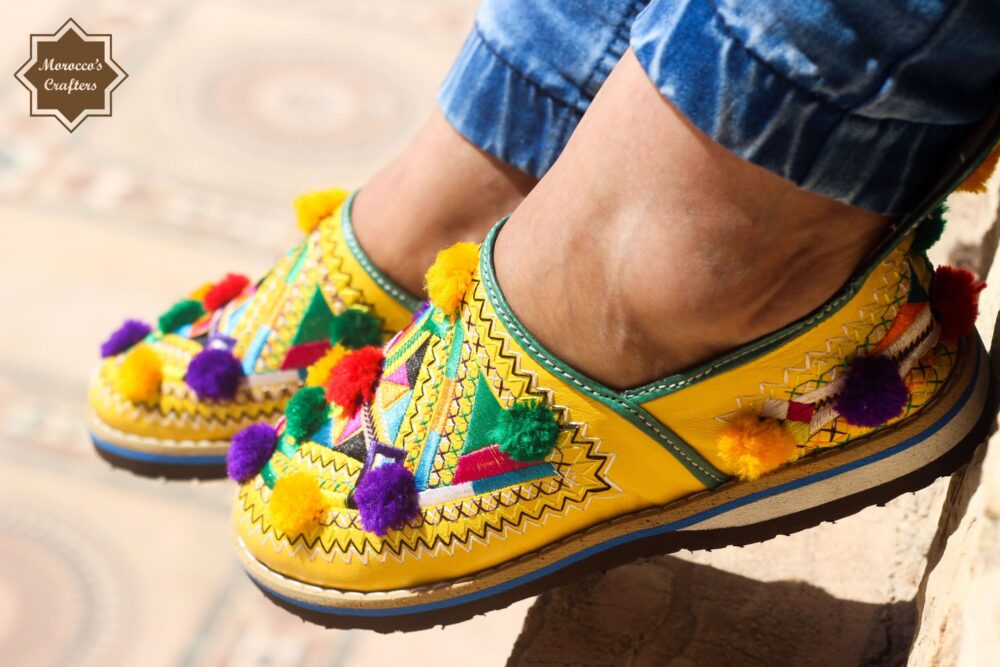 Moroccan Handmade Leather Decorated Berber Style Women's Slipper with Adjustable Strap