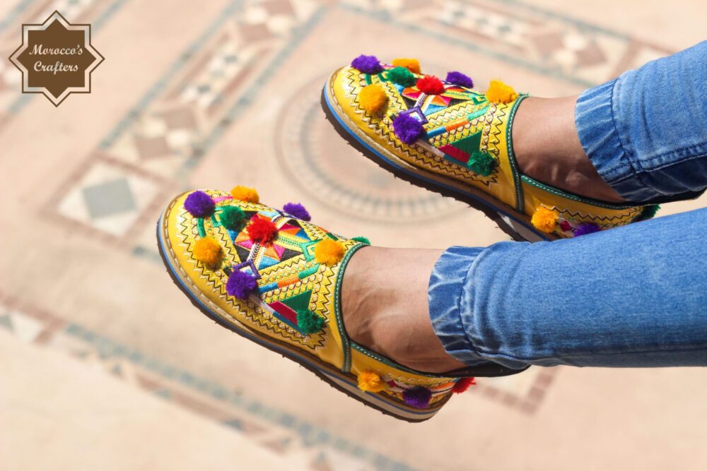 Moroccan Handmade Leather Decorated Berber Style Women's Slipper with Adjustable Strap