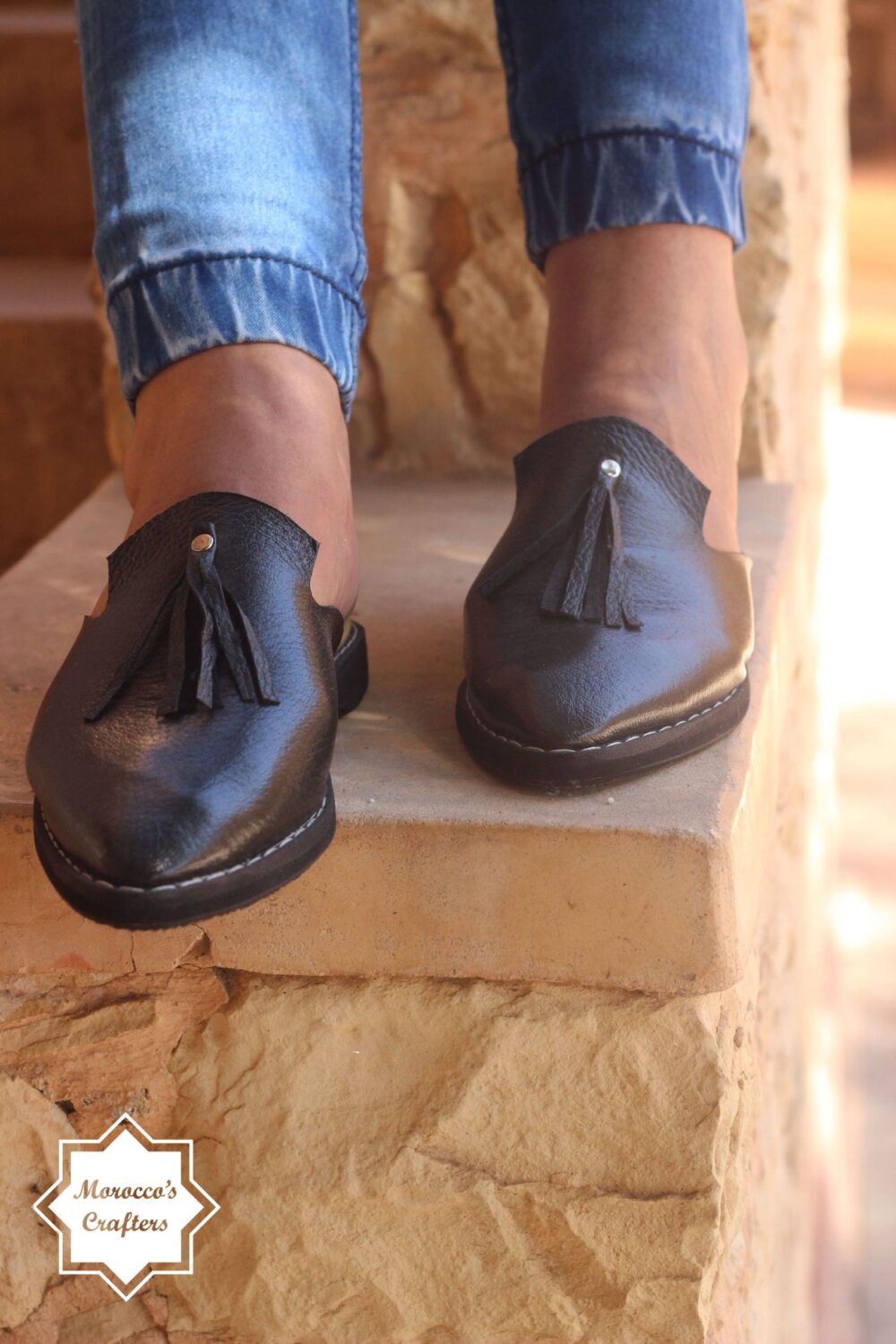 Moroccan Handmade Leather Decorated Berber Style Women's Slipper with Adjustable Strap