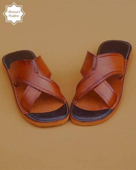 Men's handmade Moroccan brown leather sandal with intricate craftsmanship and authentic design.