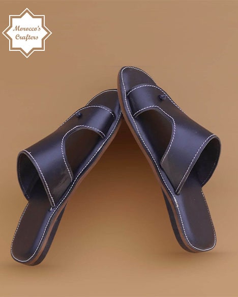 Men's handmade Moroccan black leather sandal with intricate craftsmanship and authentic design