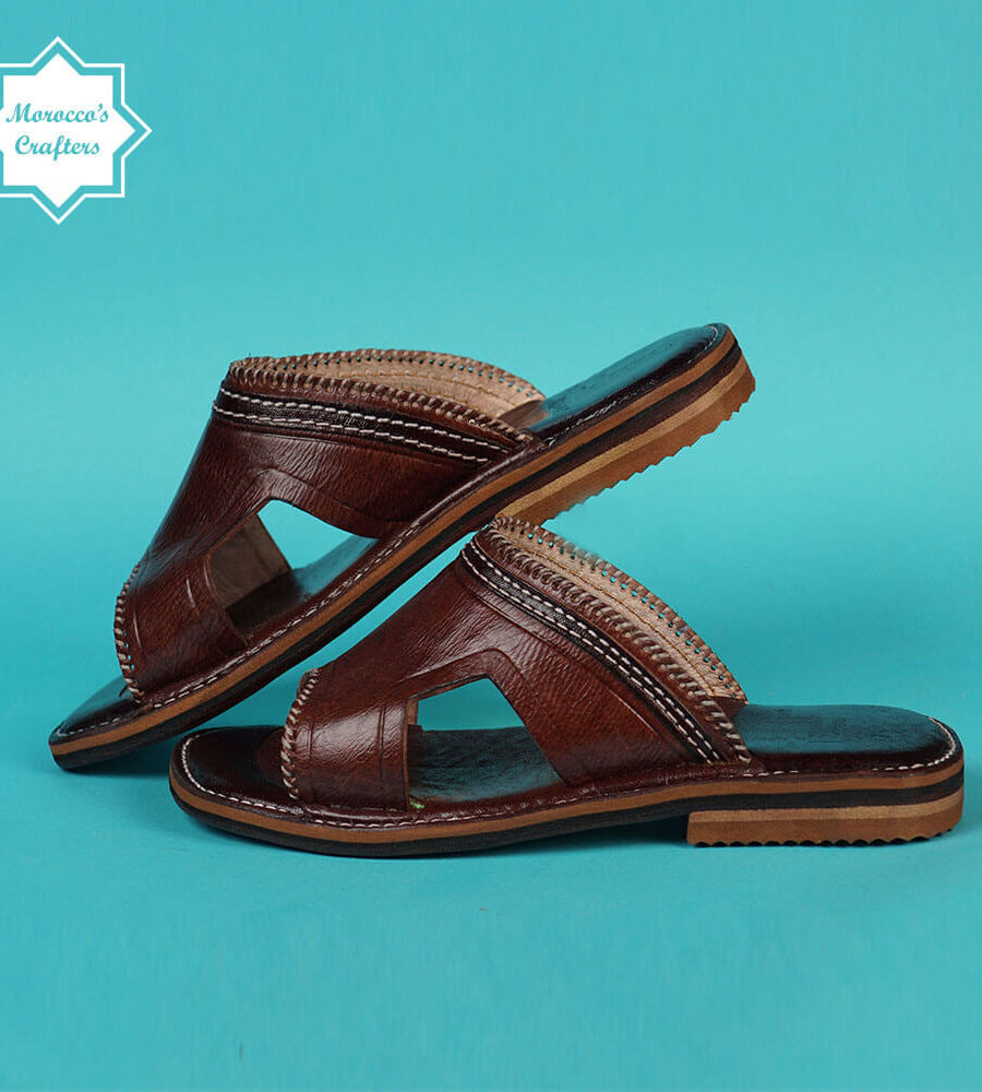 Men's handmade Moroccan brown leather sandal with intricate craftsmanship and authentic design