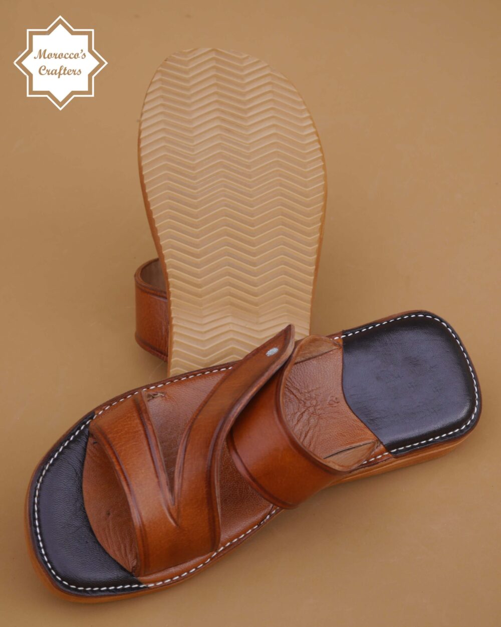 Men's handmade Moroccan brown leather sandal with intricate craftsmanship and authentic design