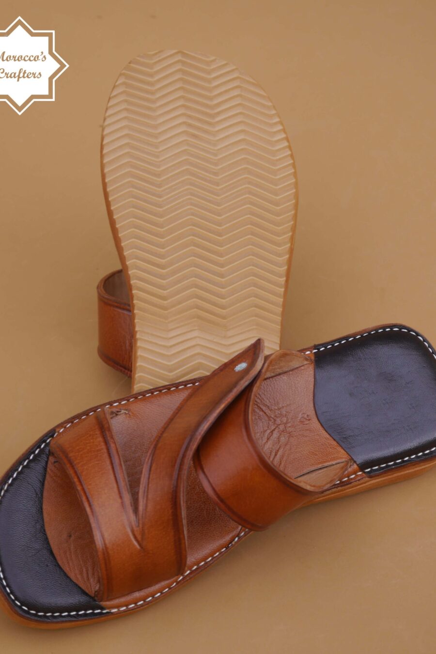 Men's handmade Moroccan brown leather sandal with intricate craftsmanship and authentic design