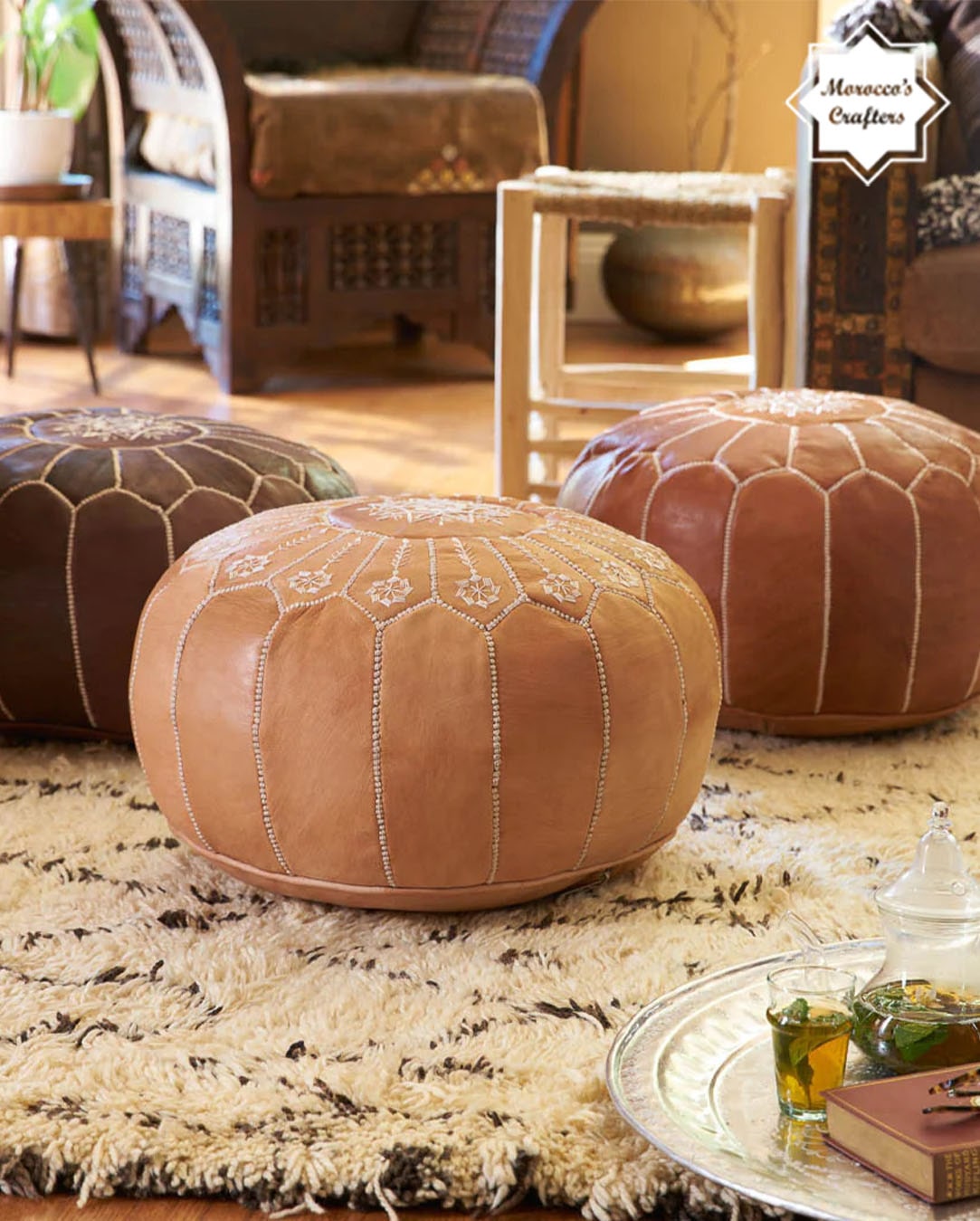 Handmade Moroccan Brown Leather Poufs Exquisite Comfort and Timeless Beauty