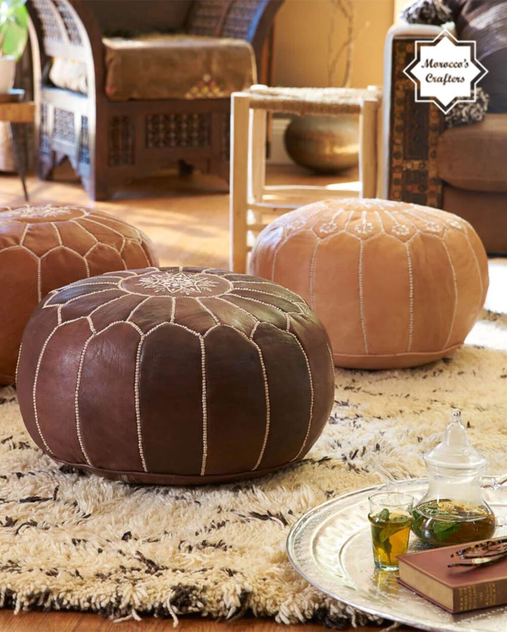 Handmade Moroccan Dark Brown Leather Poufs Exquisite Comfort and Timeless Beauty