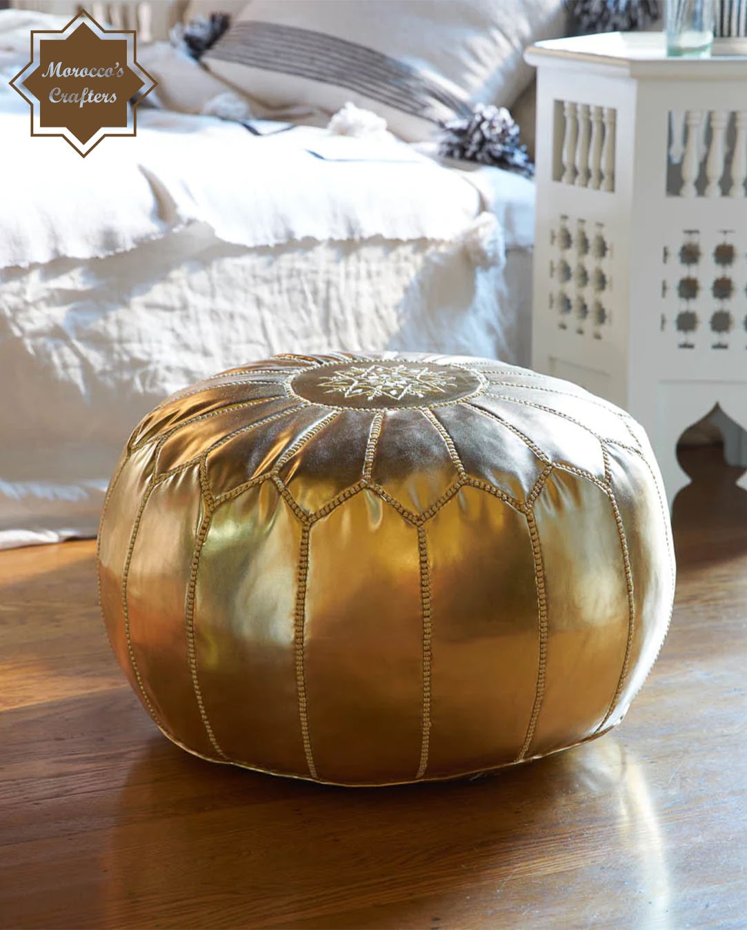 Handmade Moroccan Leather Golden Pouf Exquisite Comfort and Timeless Beauty