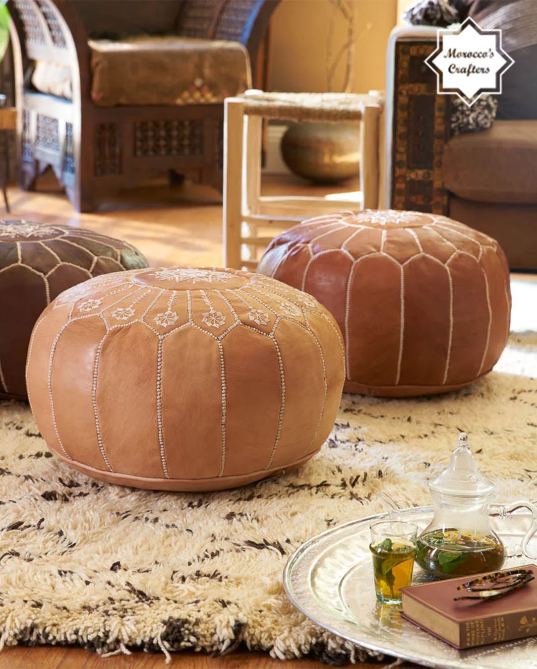 Handmade Moroccan Leather Light Brown Pouf Exquisite Comfort and Timeless Beauty