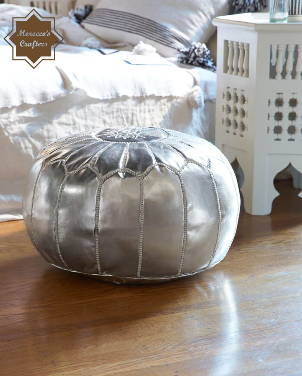 Handmade Moroccan Leather Silver Pouf Exquisite Comfort and Timeless Beauty