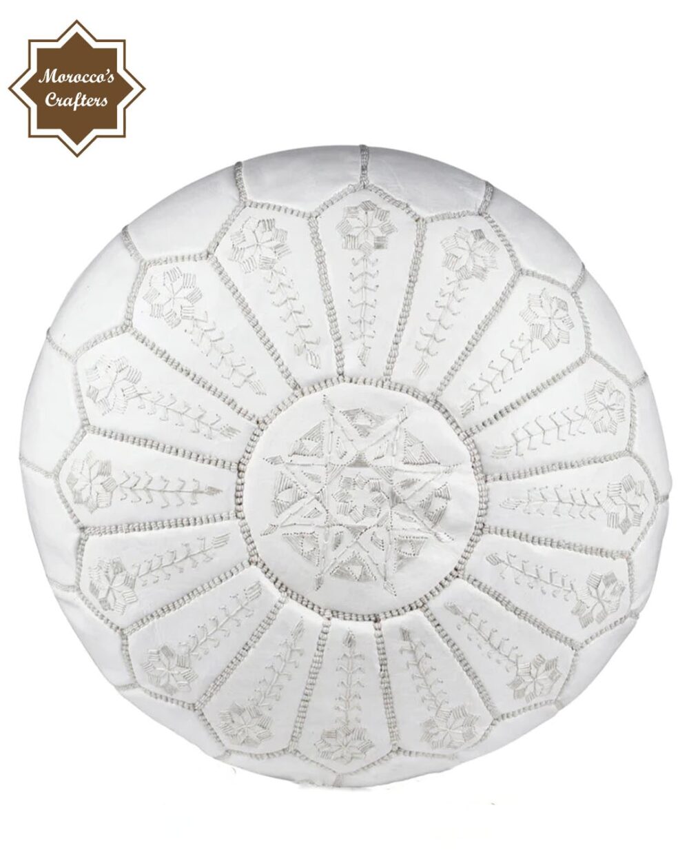 Handmade Moroccan Leather White Decorated Pouf Exquisite Comfort and Timeless Beauty