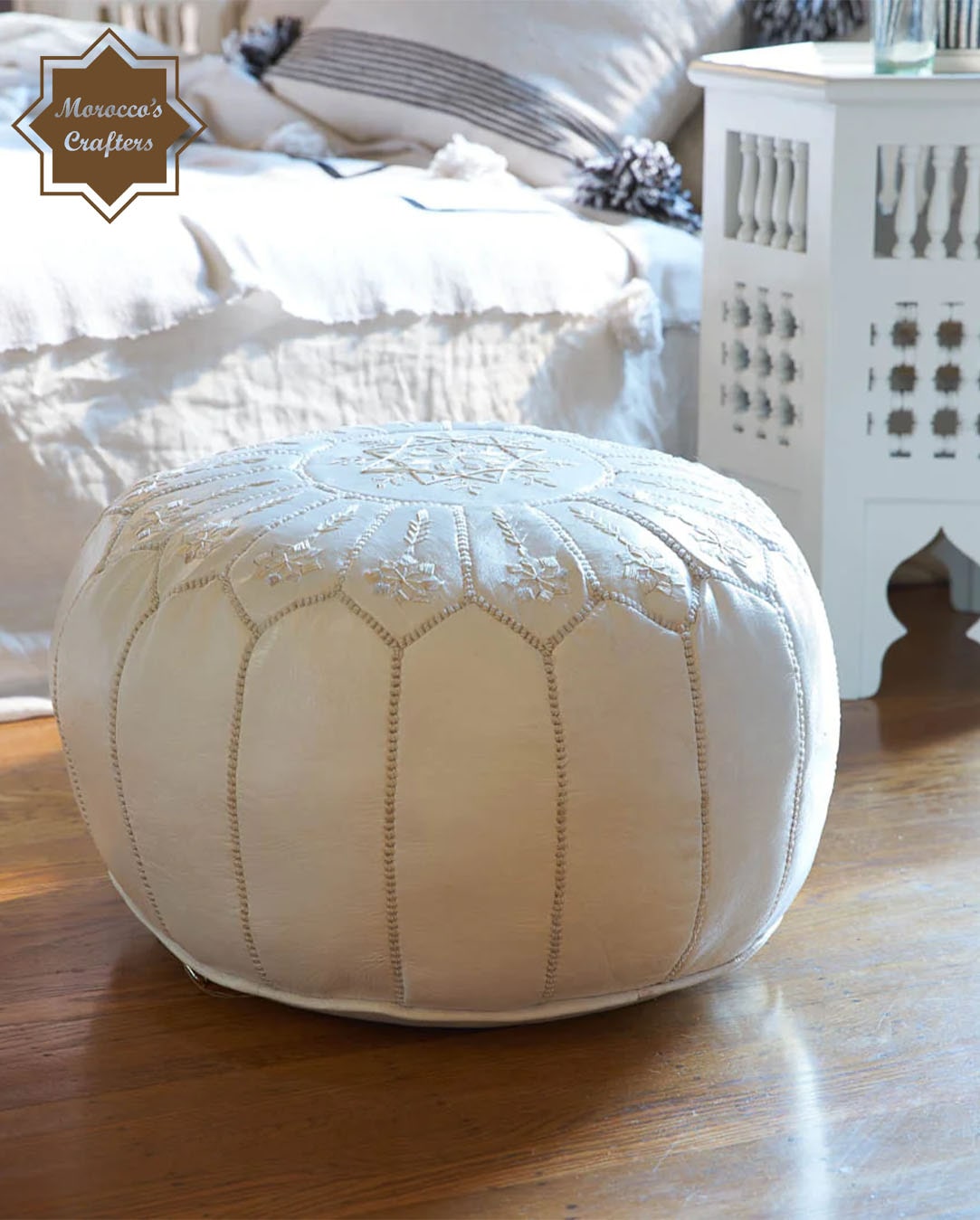 Handmade Moroccan Leather White Decorated Pouf Exquisite Comfort and Timeless Beauty