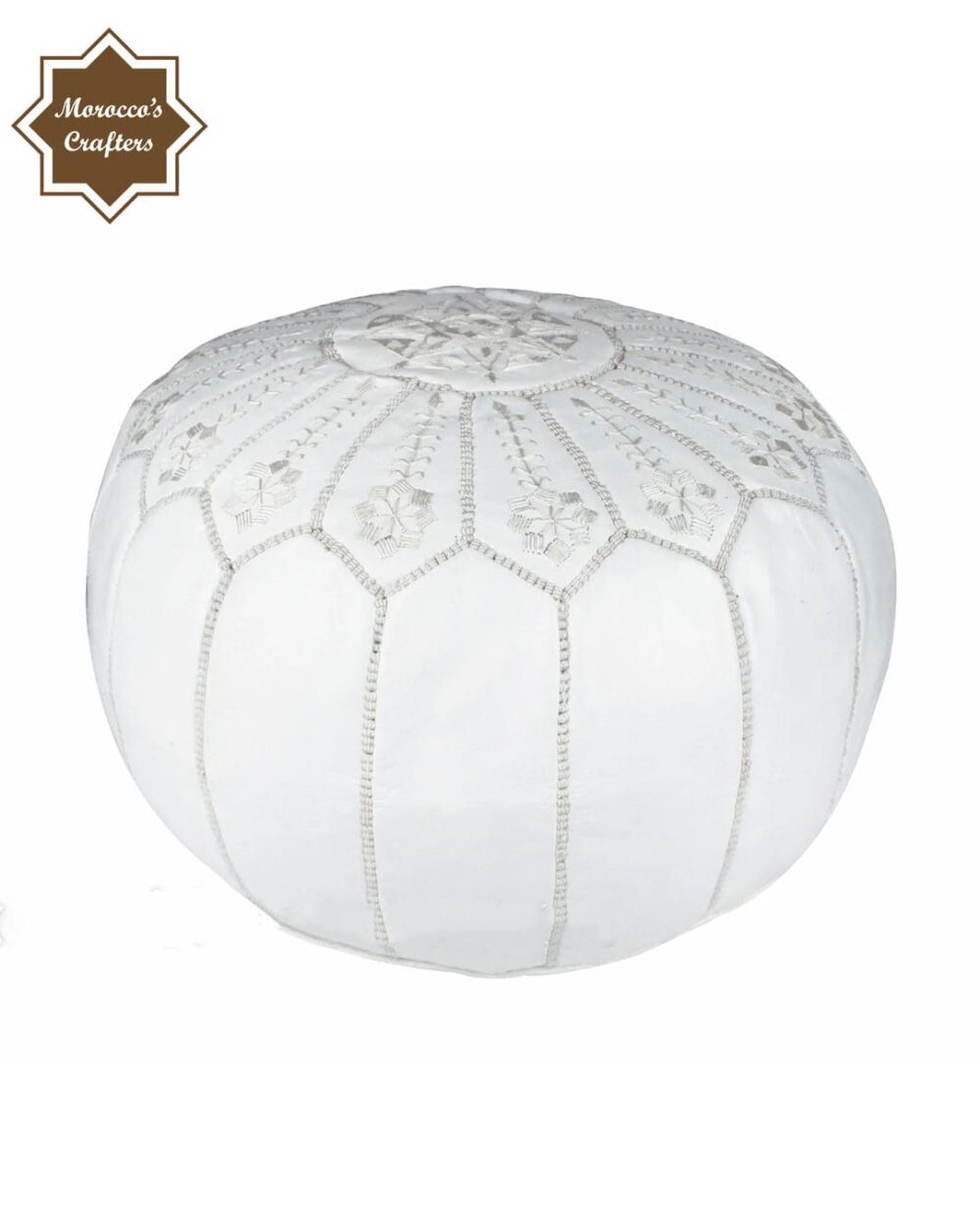 Handmade Moroccan Leather White Decorated Pouf Exquisite Comfort and Timeless Beauty