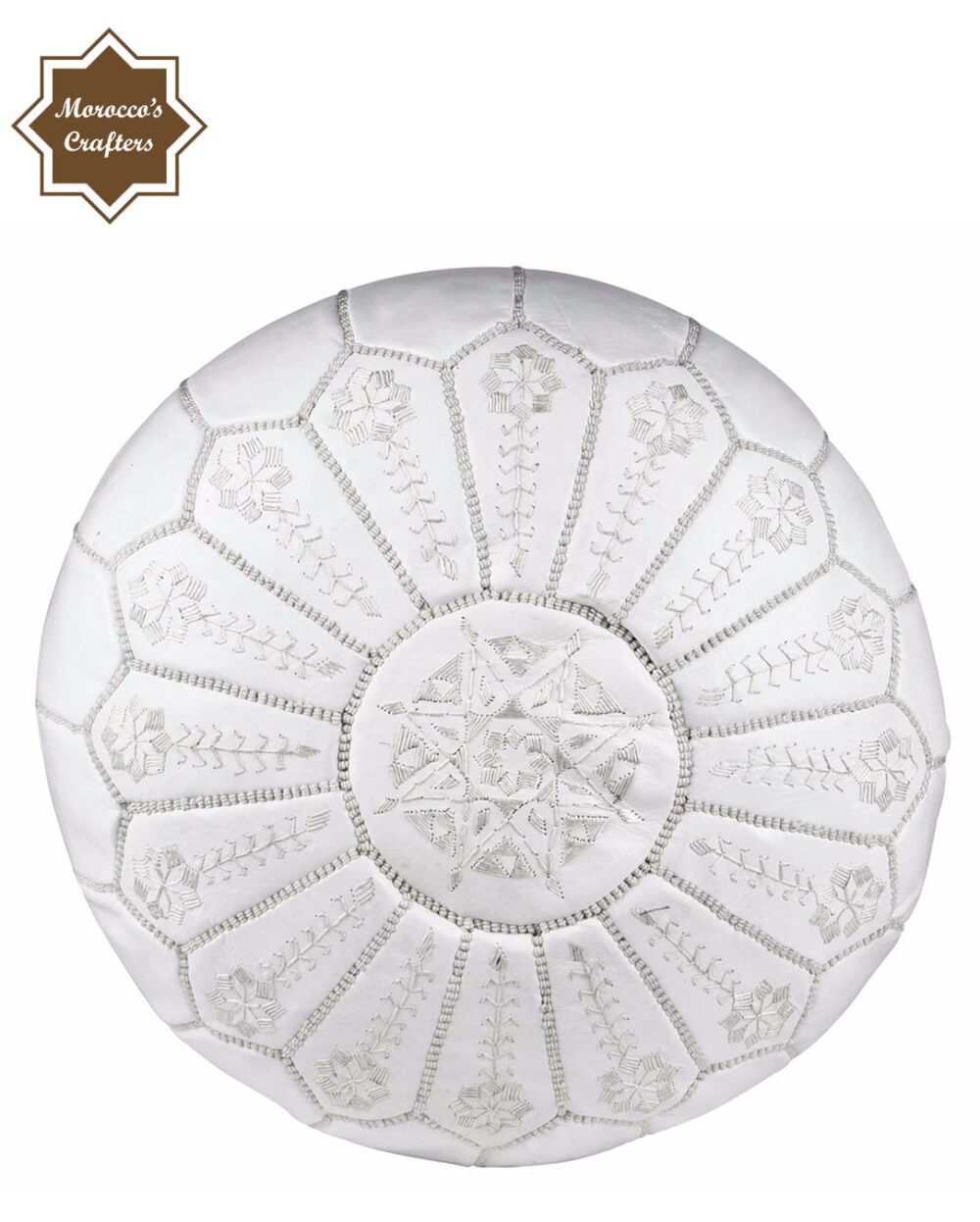 Handmade Moroccan Leather White Decorated Pouf Exquisite Comfort and Timeless Beauty