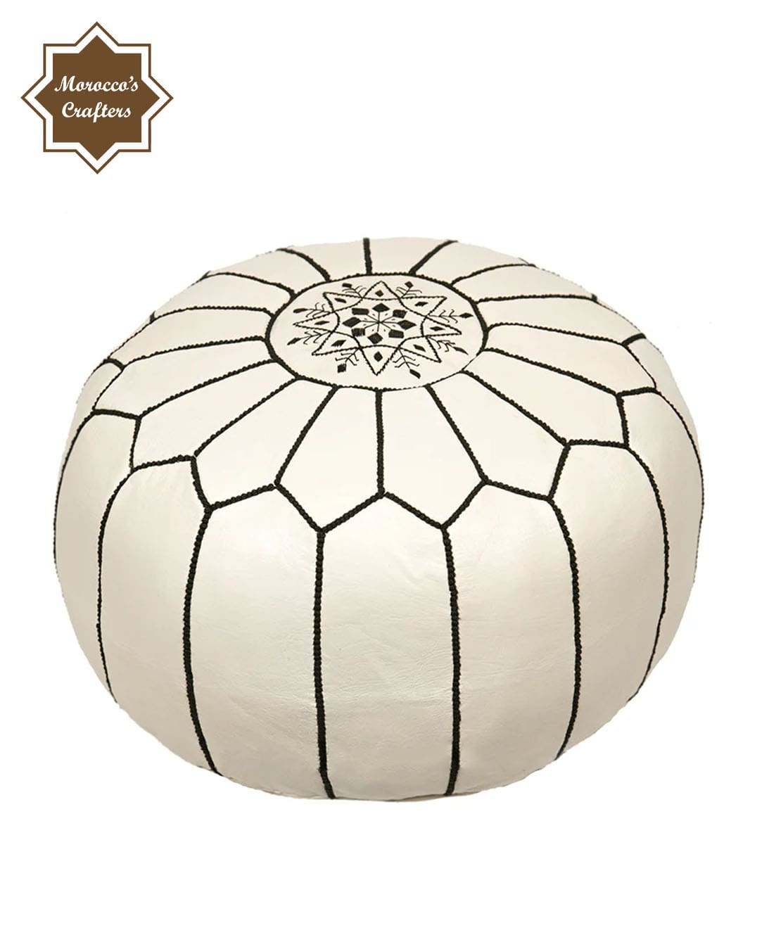 Handmade Moroccan Leather White Pouf With Black Embroidery Exquisite Comfort and Timeless Beauty