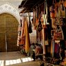 Moroccan handmade leather goods displayed in a vibrant souk