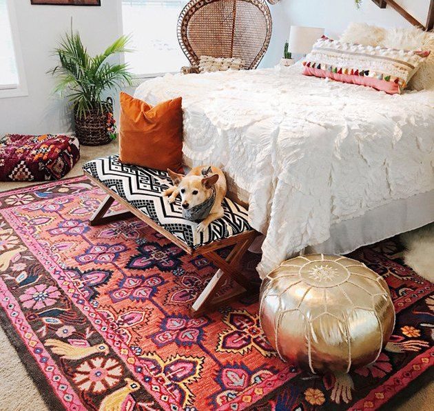 "Handmade Moroccan Pouffs in a Boho Bedroom