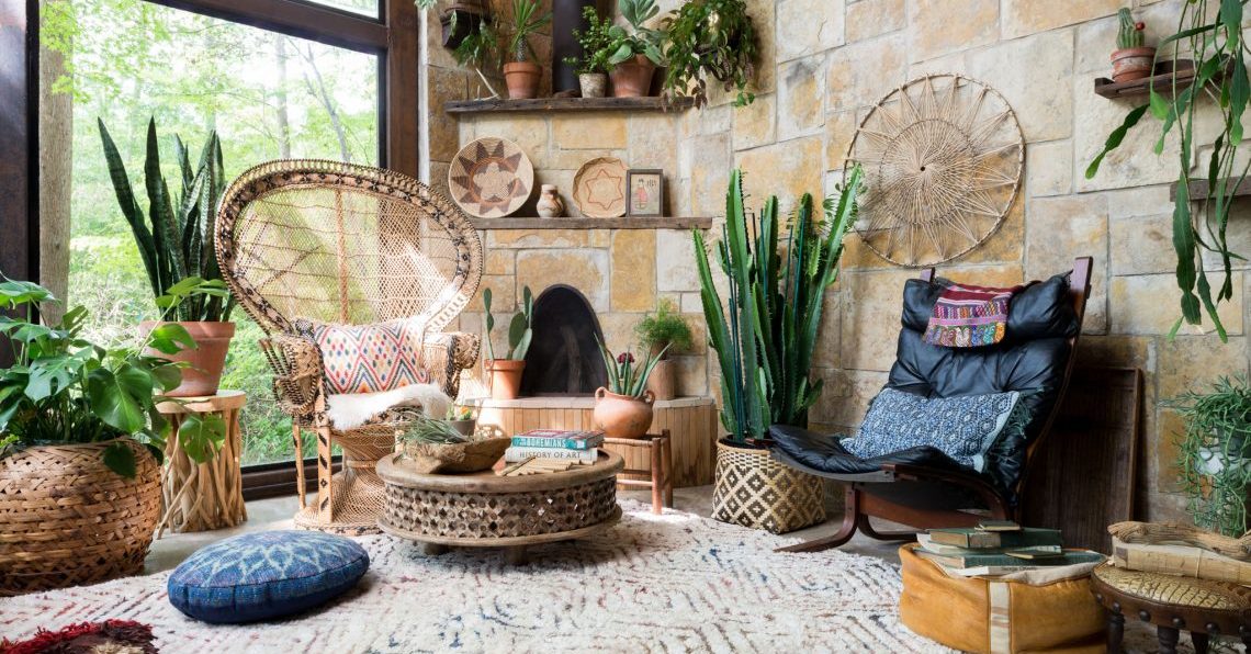 Leather Pouffs and Brass Lanterns in Moroccan Boho Chic Decor