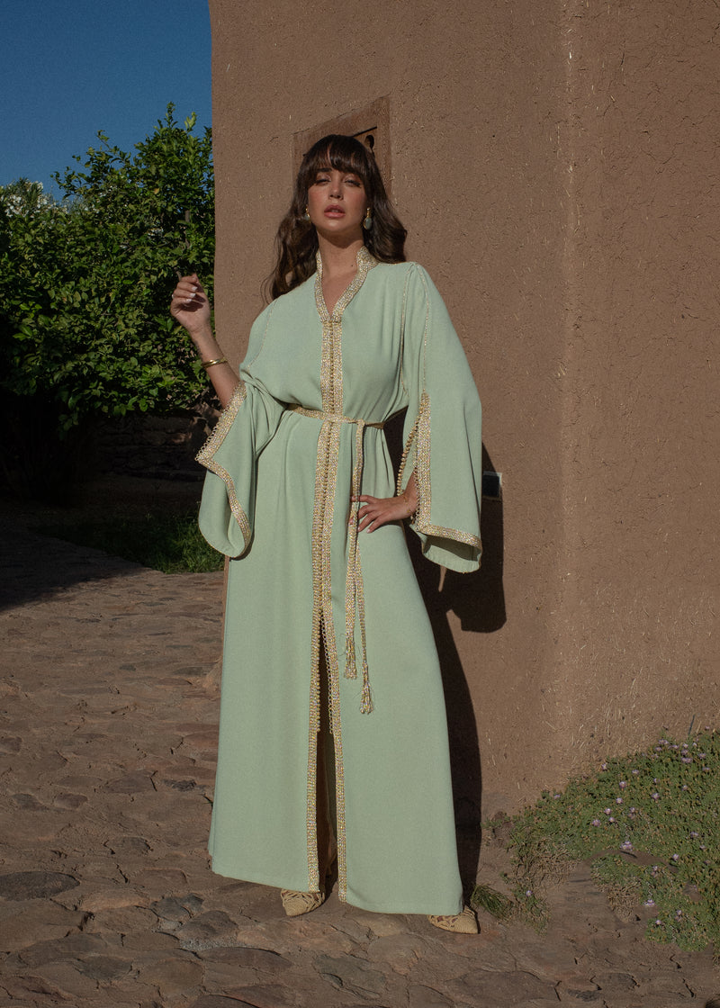 Elegant Crepe Kaftan Dress with Matching Belt