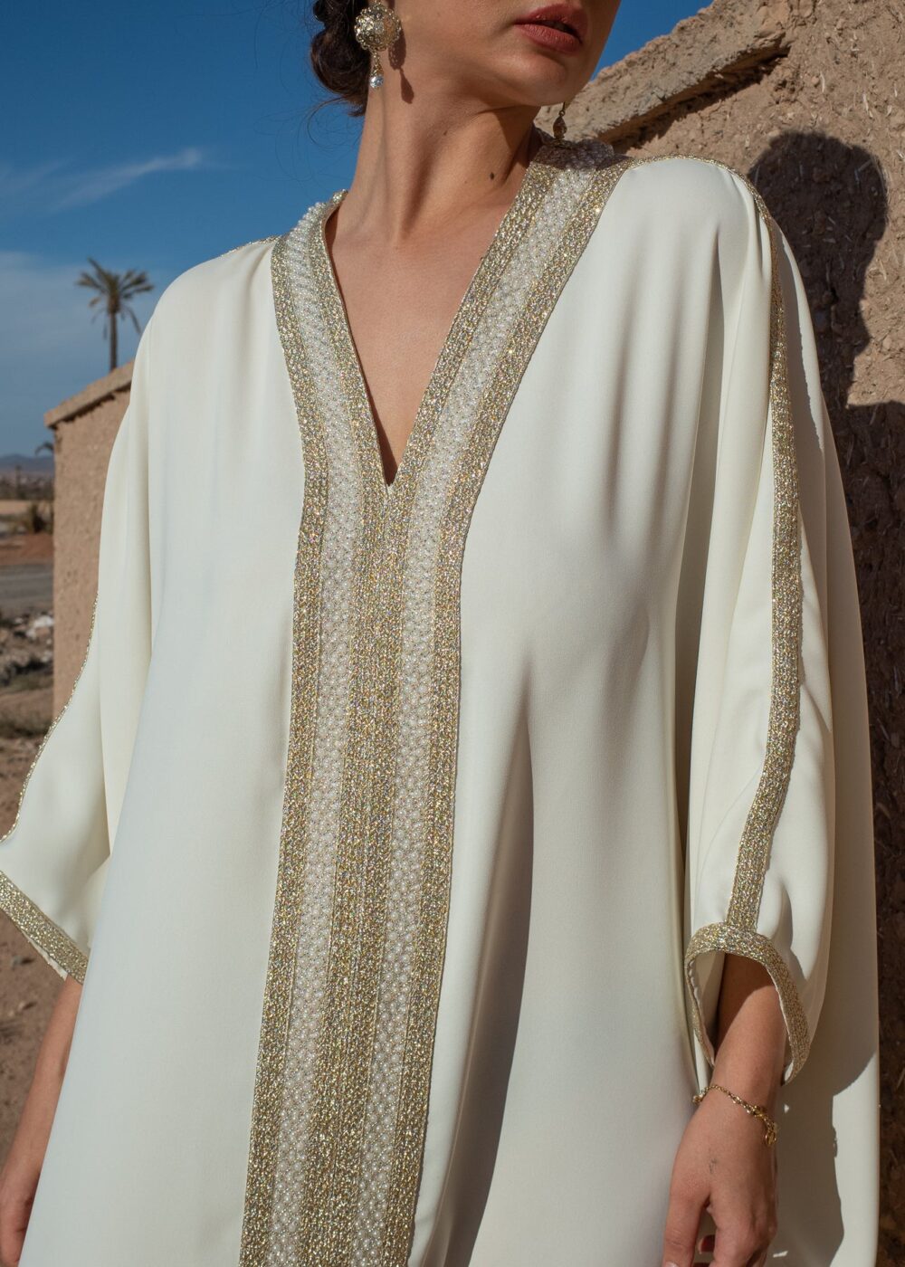 Embellished Moroccan Crepe Kaftan with Golden Sfeefa and Pearls