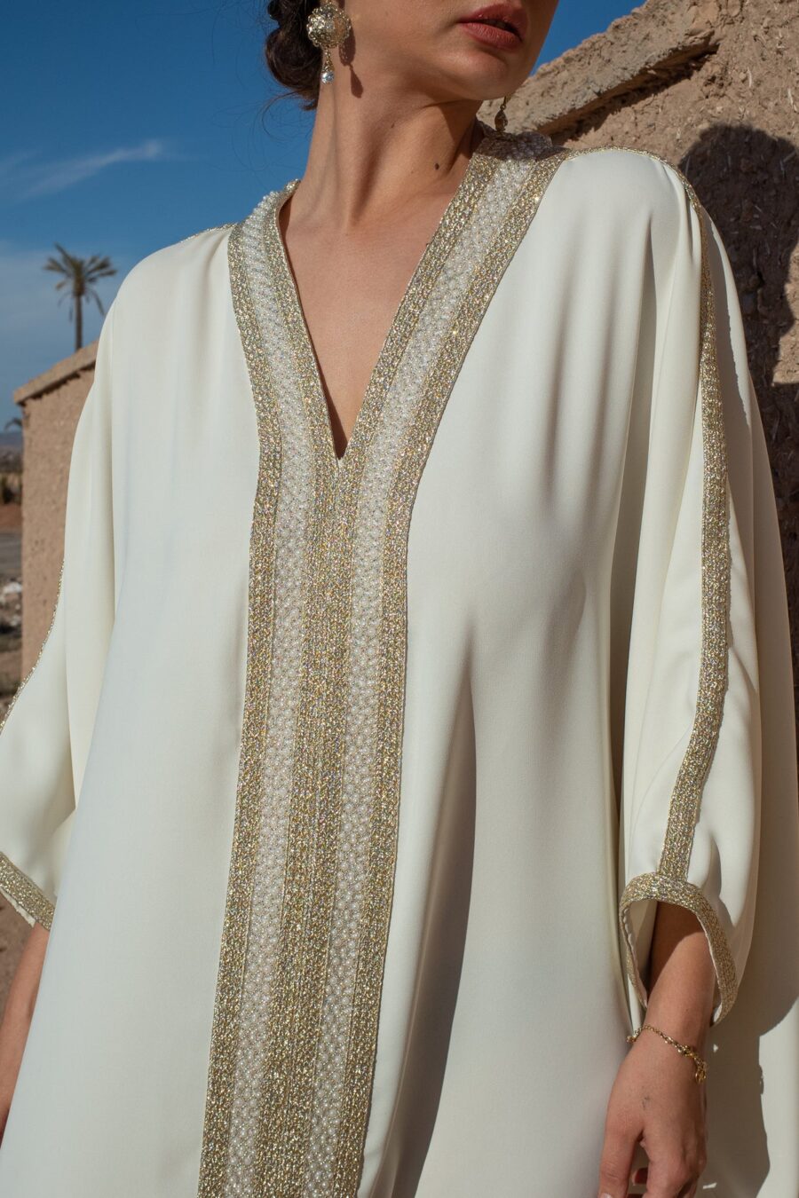 Embellished Moroccan Crepe Kaftan with Golden Sfeefa and Pearls