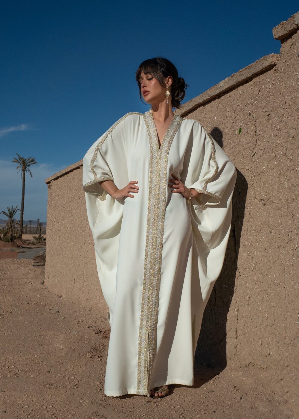 Embellished Moroccan Crepe Kaftan with Golden Sfeefa and Pearls