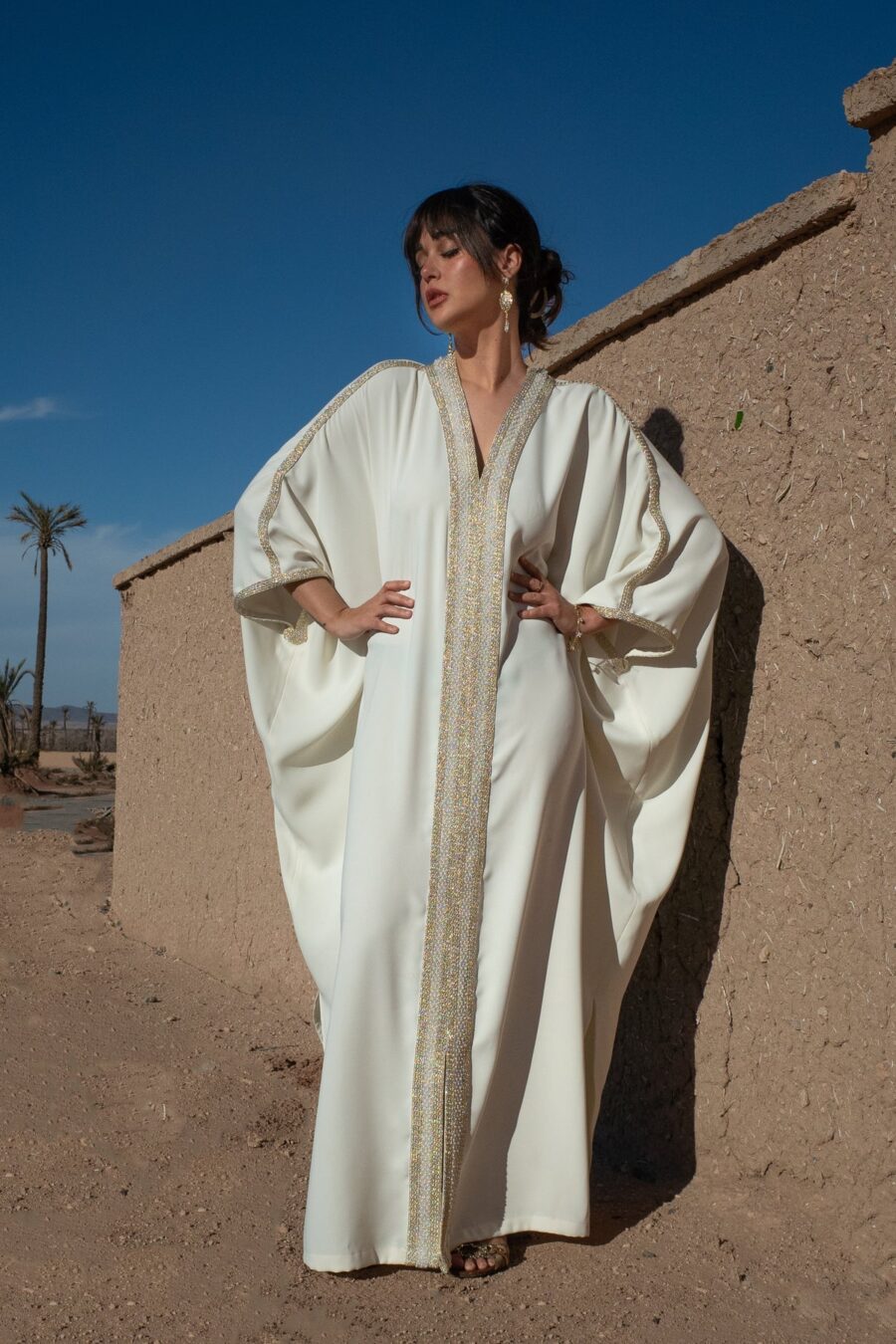 Embellished Moroccan Crepe Kaftan with Golden Sfeefa and Pearls