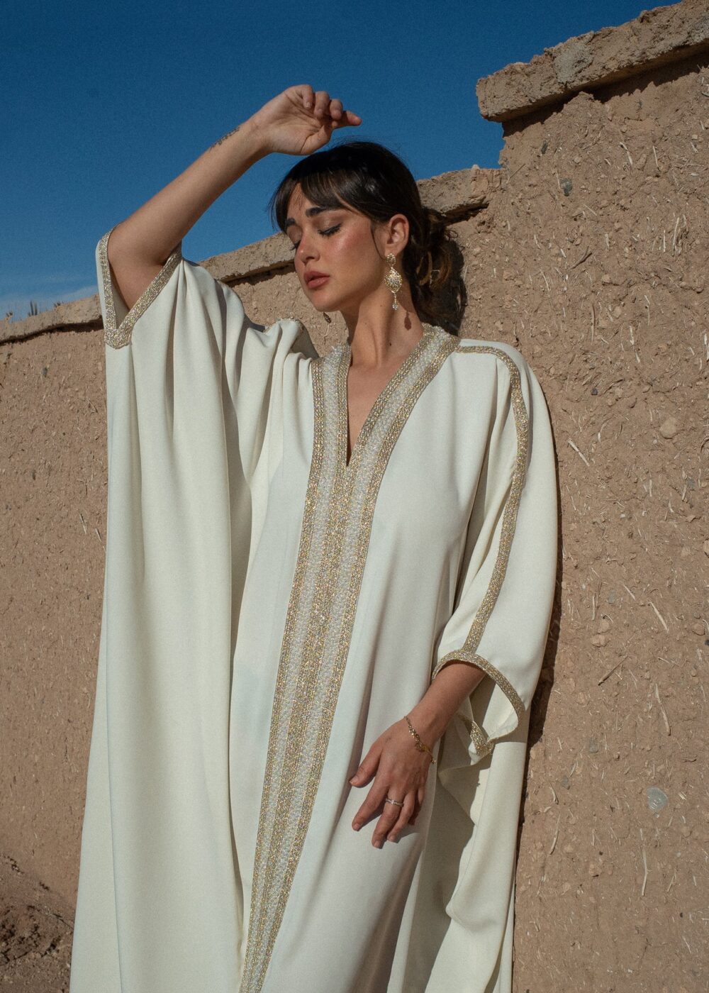 Embellished Moroccan Crepe Kaftan with Golden Sfeefa and Pearls