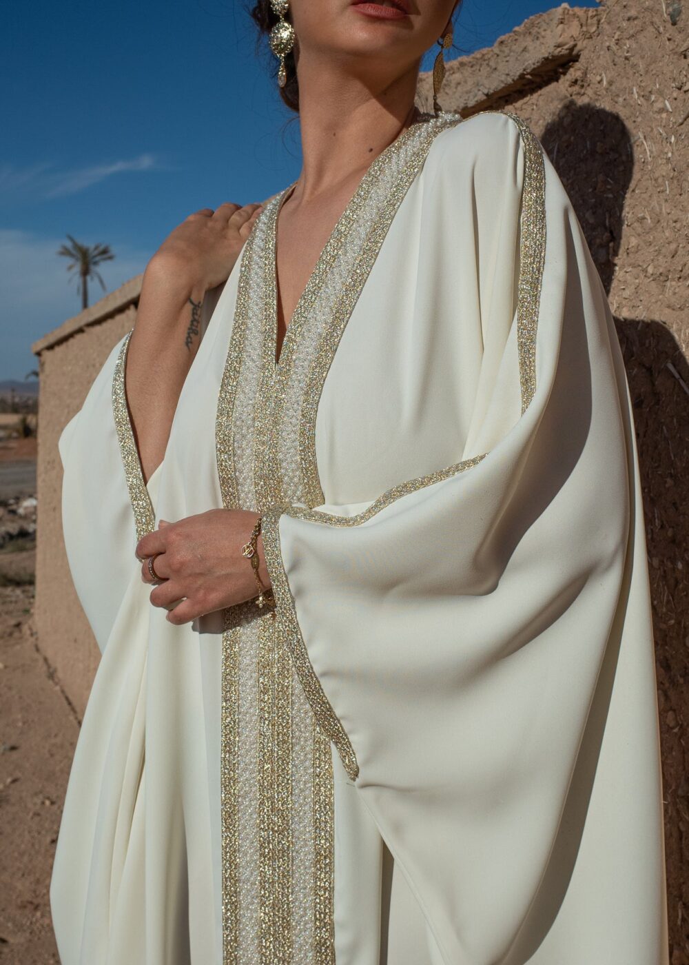 Embellished Moroccan Crepe Kaftan with Golden Sfeefa and Pearls