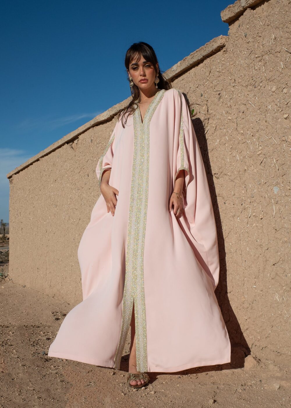 Embellished Moroccan Crepe Kaftan with Golden Sfeefa and Pearls