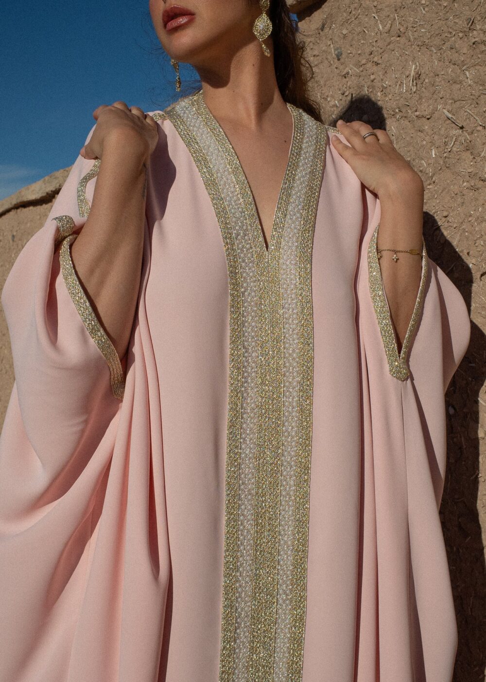 Embellished Moroccan Crepe Kaftan with Golden Sfeefa and Pearls