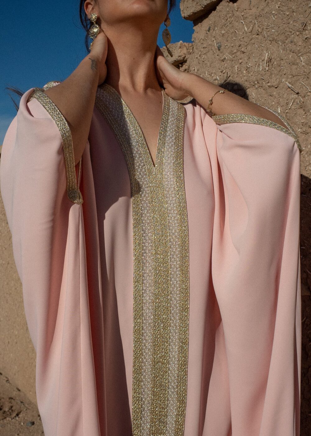 Embellished Moroccan Crepe Kaftan with Golden Sfeefa and Pearls