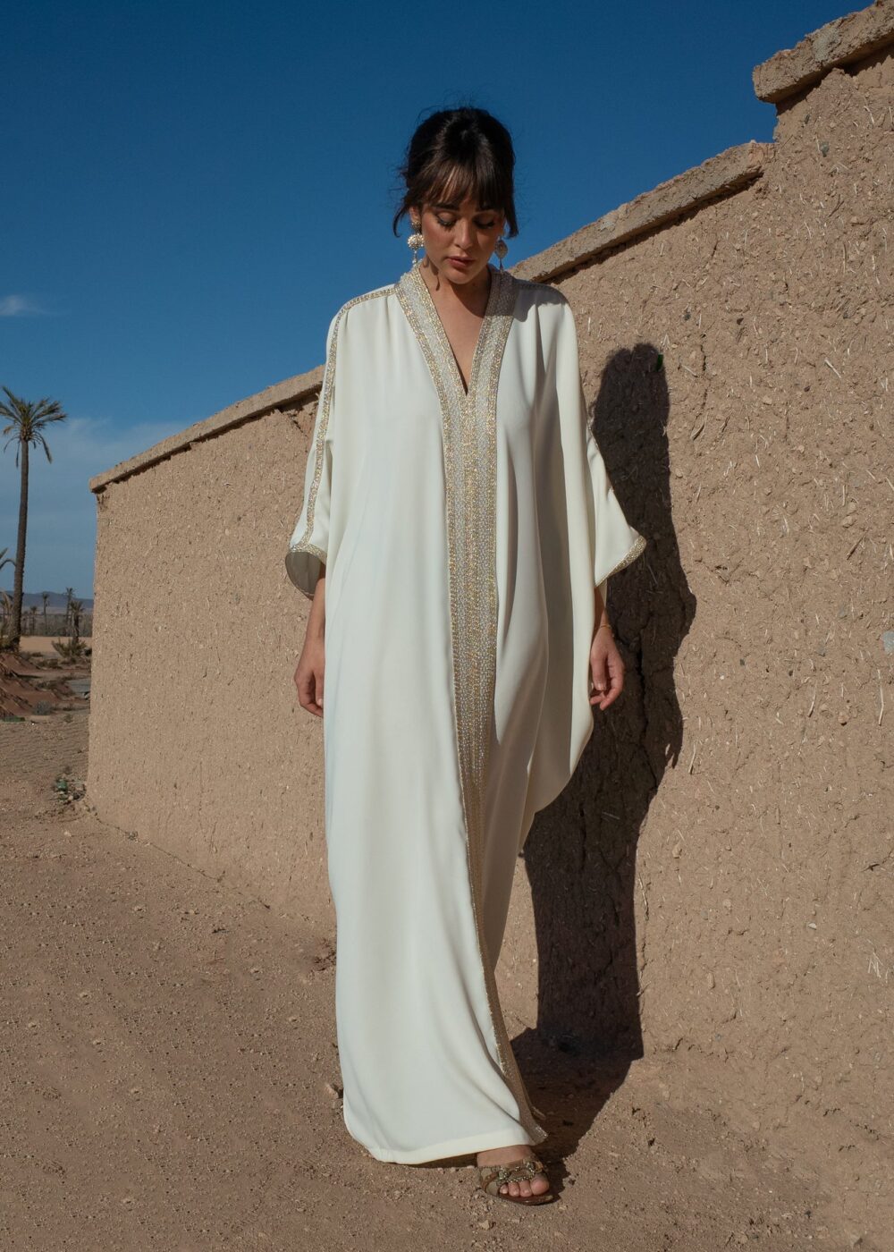 Embellished Moroccan Crepe Kaftan with Golden Sfeefa and Pearls