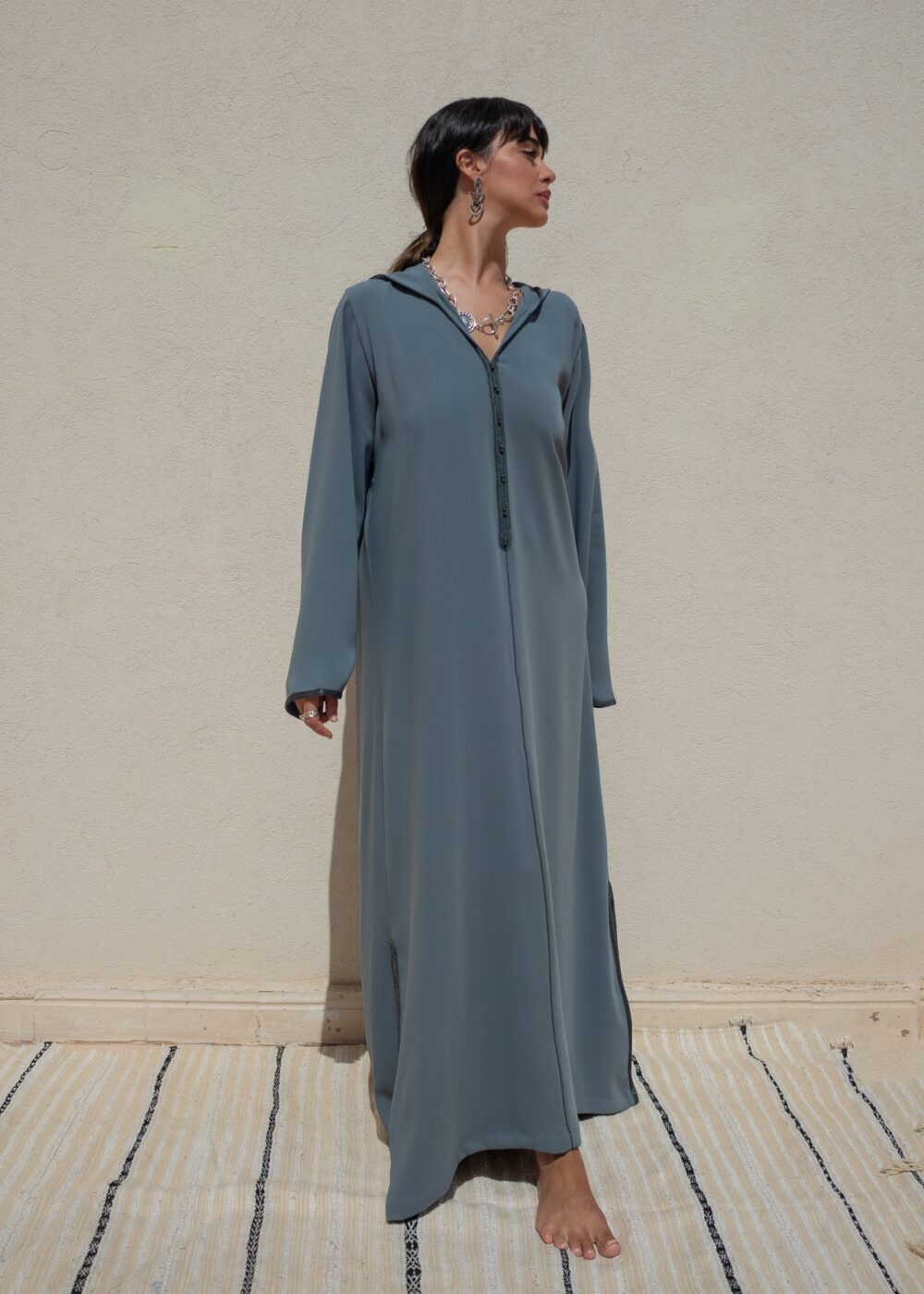 Hooded Crepe Kaftan with Tone-on-Tone Details