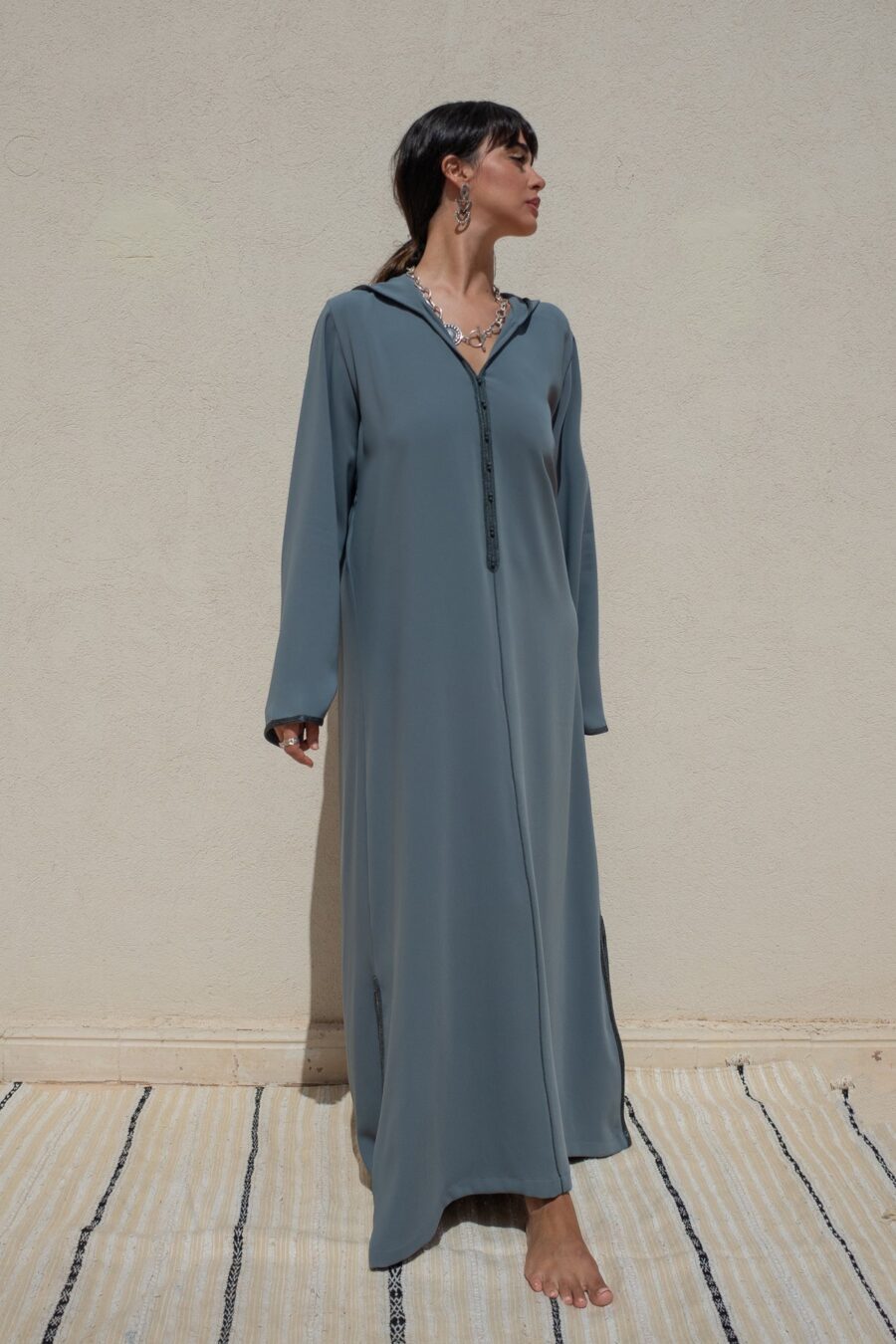 Hooded Crepe Kaftan with Tone-on-Tone Details