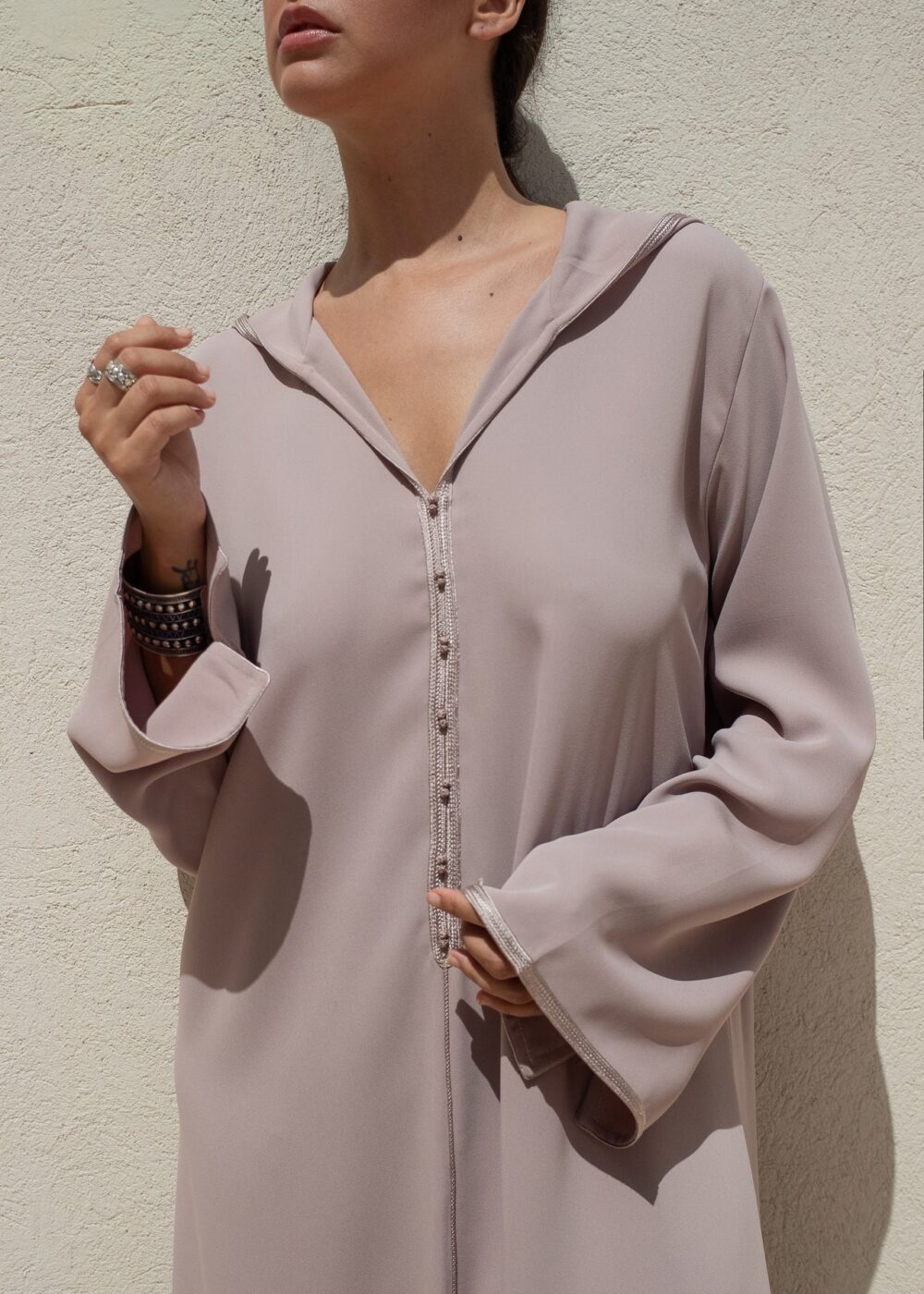 Hooded Crepe Kaftan with Tone-on-Tone Details