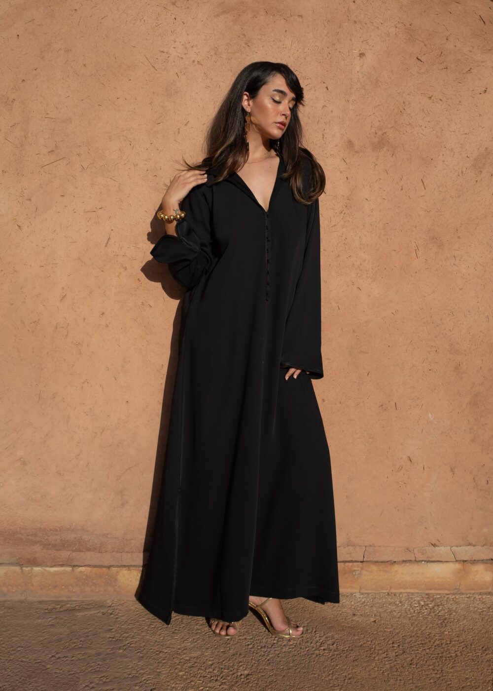 Hooded Crepe Kaftan with Tone-on-Tone Details