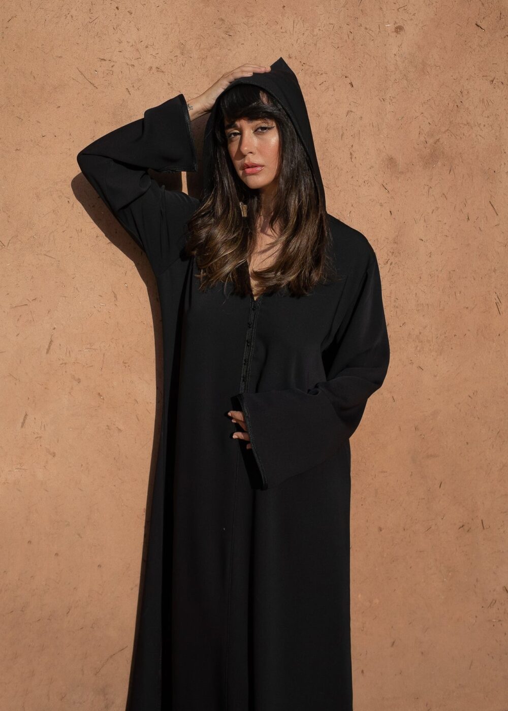 Hooded Crepe Kaftan with Tone-on-Tone Details