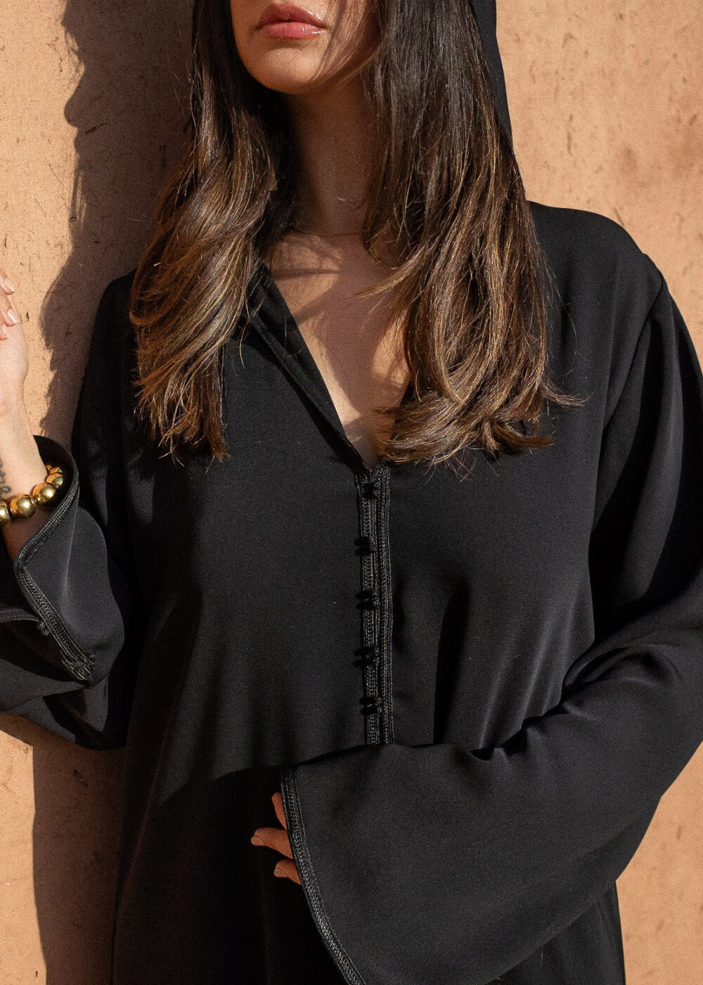 Hooded Crepe Kaftan with Tone-on-Tone Details