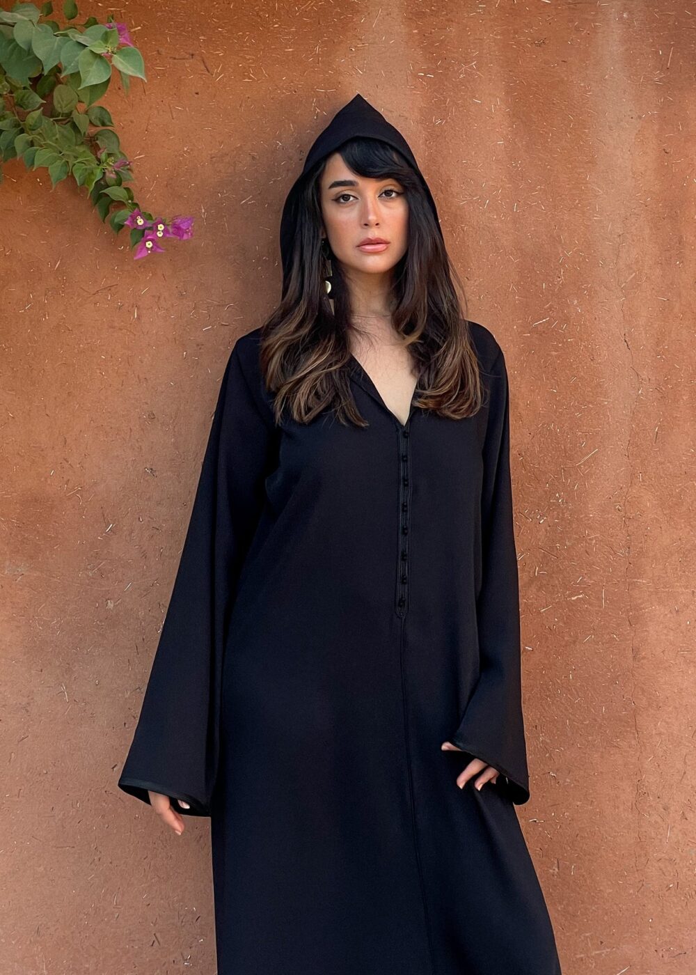 Hooded Crepe Kaftan with Tone-on-Tone Details