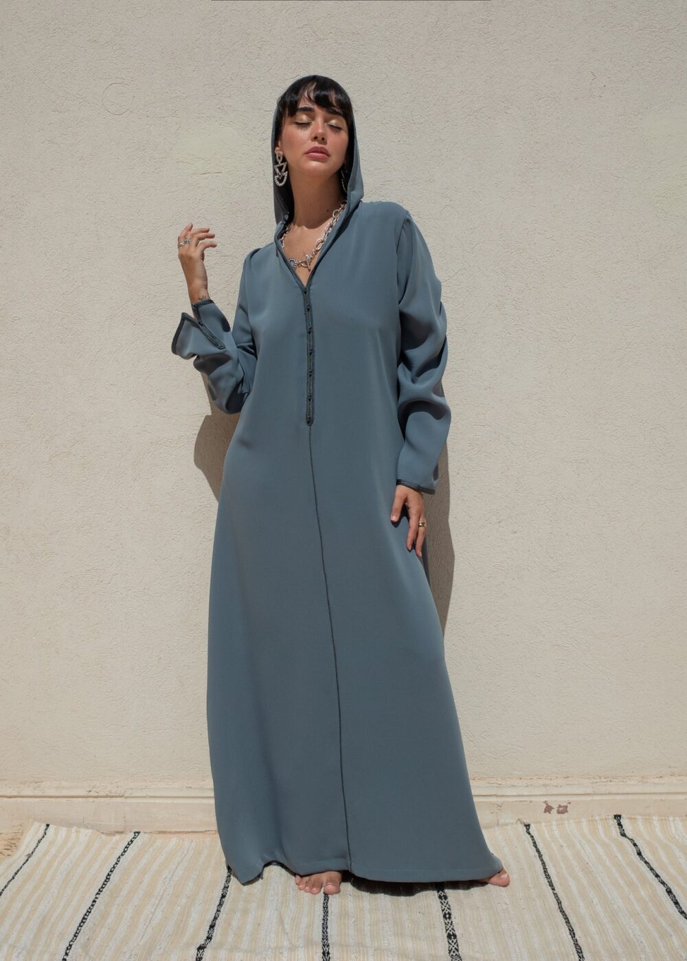 Hooded Crepe Kaftan with Tone-on-Tone Details